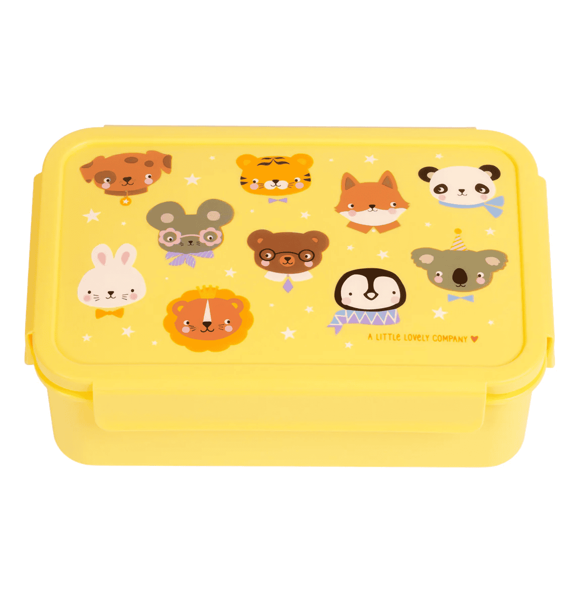 A rectangular, sunny yellow bento-style lunch box with rounded corners. The lid is decorated all over with colorful cartoon animal faces including a rabbit, panda, bear, fox, lion, and bird. The box has four side clasps that click securely to seal it and keep food fresh.