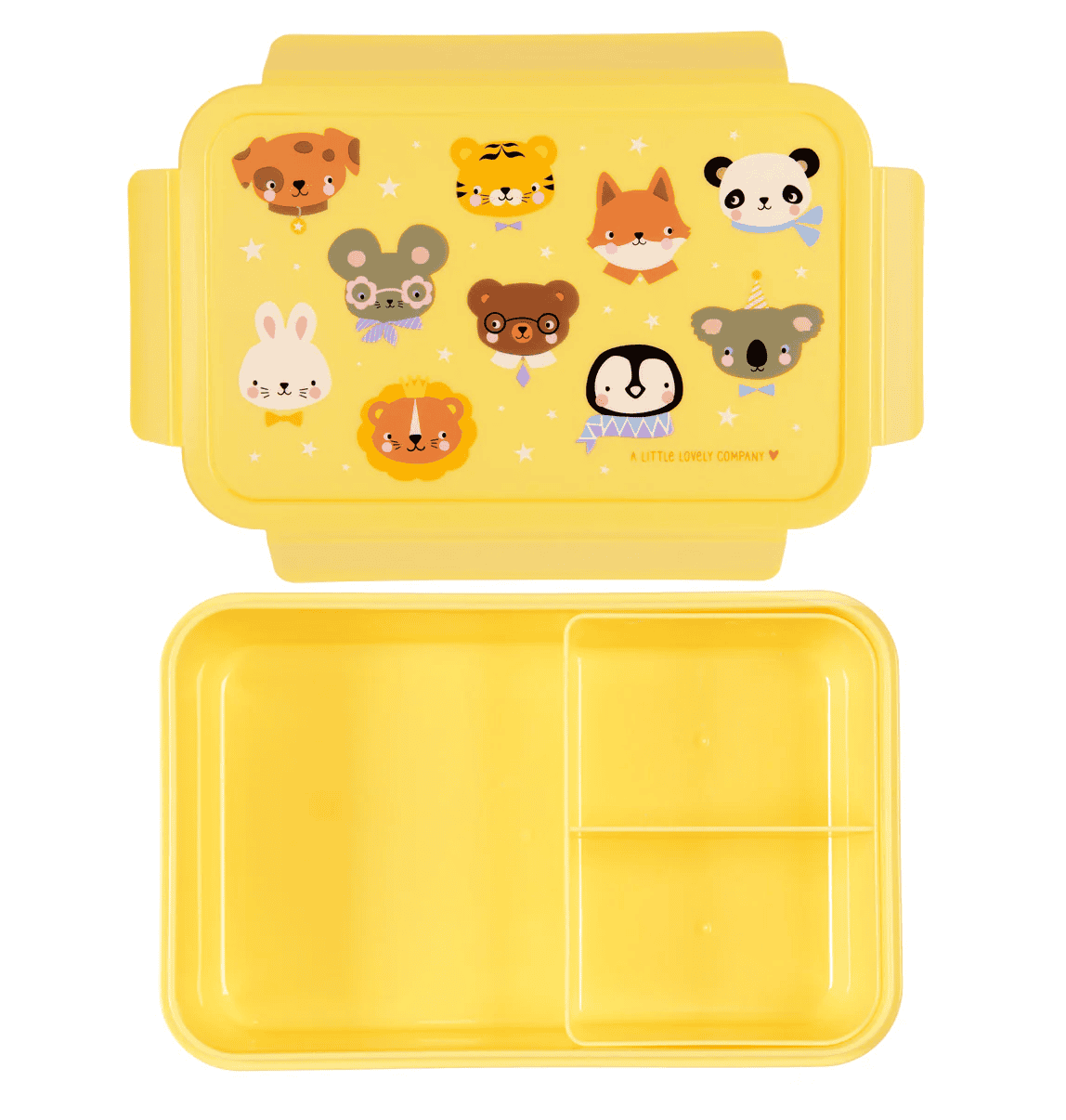 The lunch box is shown open, revealing a removable yellow tray inside divided into two compartments—ideal for a sandwich or main item and snacks. A silicone seal surrounds the lid’s edge, ensuring it closes airtight.