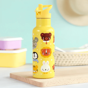 A tall, bright yellow stainless steel drink bottle decorated with cute “Animal Friends” illustrations—featuring faces of small animals like rabbits, pandas, foxes and birds. The bottle has a built-in straw and flip-up drinking spout hygienically housed beneath a lid. The double‑walled design keeps drinks cold.