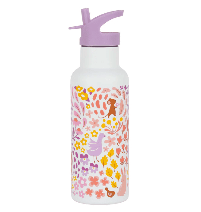 A tall 500 ml lilac-colored stainless steel drink bottle decorated with a cheerful floral pattern in pink, yellow, and purple, interspersed with small fox motifs. It has a matching lilac flip-up sports cap with a straw spout and a carry loop.