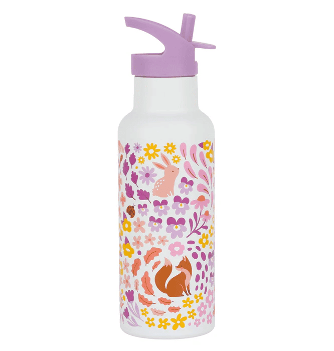 A tall 500 ml lilac-colored stainless steel drink bottle decorated with a cheerful floral pattern in pink, yellow, and purple, interspersed with small fox motifs. It has a matching lilac flip-up sports cap with a straw spout and a carry loop.
