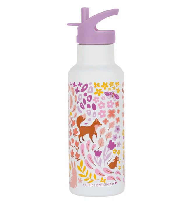 A tall 500 ml lilac-colored stainless steel drink bottle decorated with a cheerful floral pattern in pink, yellow, and purple, interspersed with small fox motifs. It has a matching lilac flip-up sports cap with a straw spout and a carry loop.