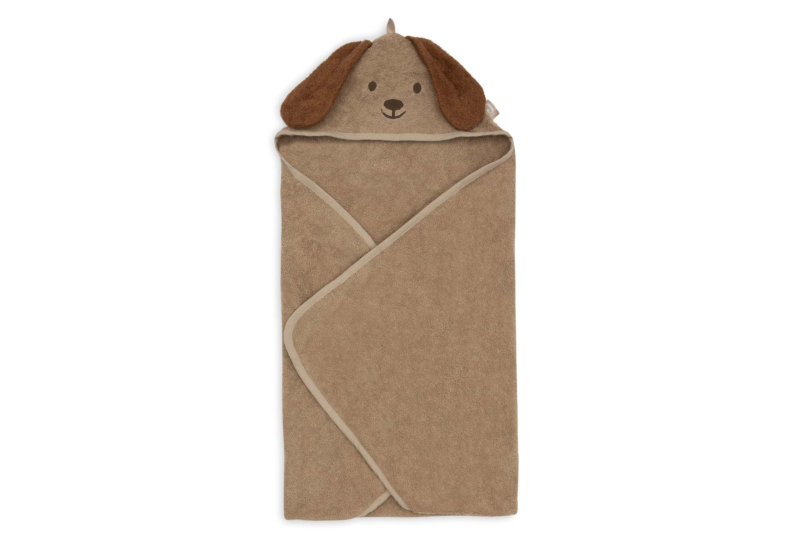 A folded view of the bath cape showing the ears and hood design from the front.