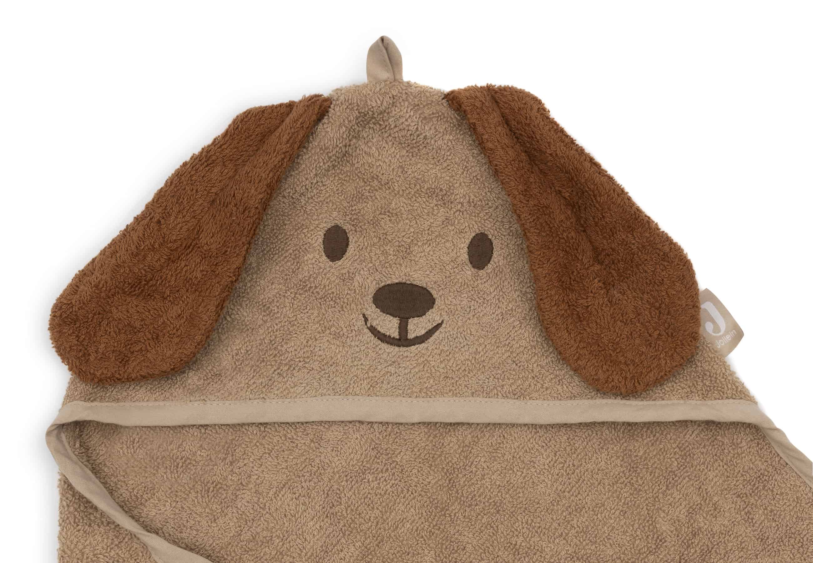 Close-up of the hood section showing the dog face embroidery and the soft texture of the fabric.